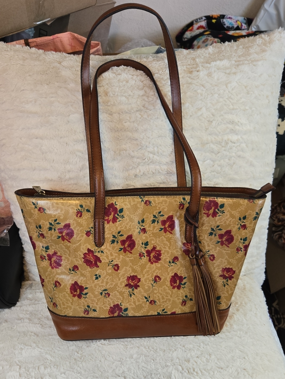 Patricia Nash Gold Floral Tote with Brown Leather Trim